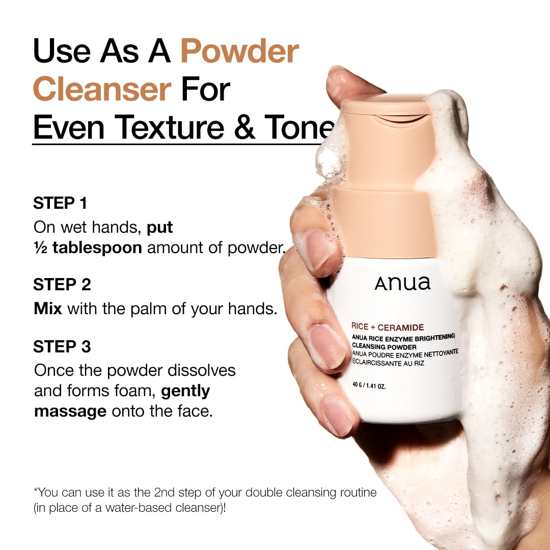 ANUA RICE ENZYME BRIGHTENING CLEANSING POWDER, Rice Mask, Ceramide, Gentle Face Wash for Brightening, Radiant Skin, Facial Cleanser for Dry Skin, Korean Skincare, Fragrance Free, 40g/1.41fl.oz