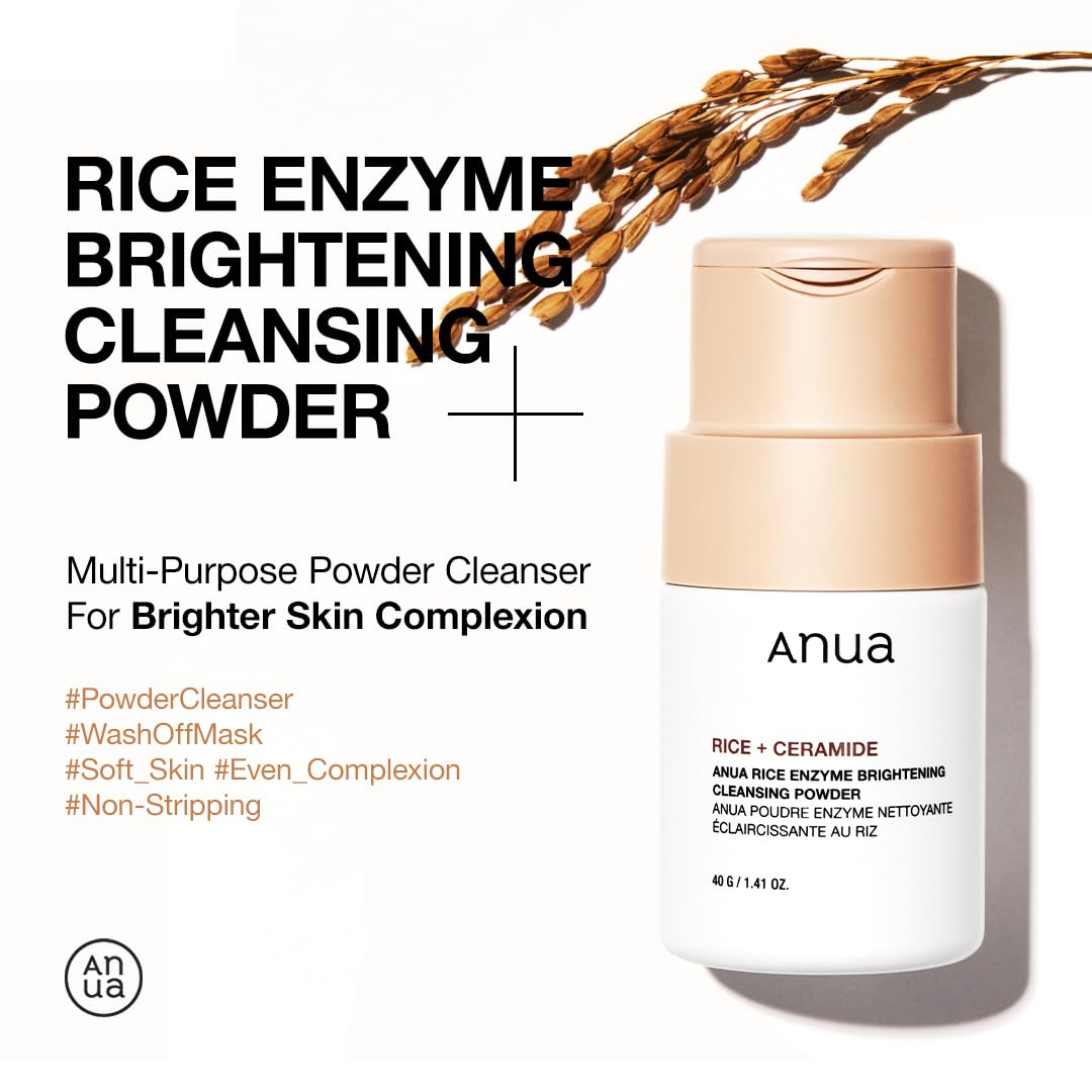 ANUA RICE ENZYME BRIGHTENING CLEANSING POWDER, Rice Mask, Ceramide, Gentle Face Wash for Brightening, Radiant Skin, Facial Cleanser for Dry Skin, Korean Skincare, Fragrance Free, 40g/1.41fl.oz