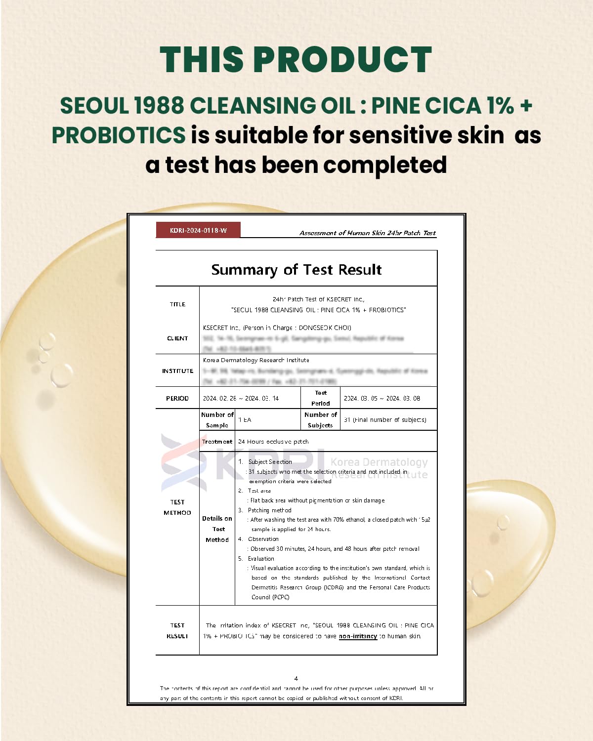 KSECRET SEOUL 1988 Cleansing Oil : Pine Cica 1% + Probiotics, 200ml/6.76fl.oz.