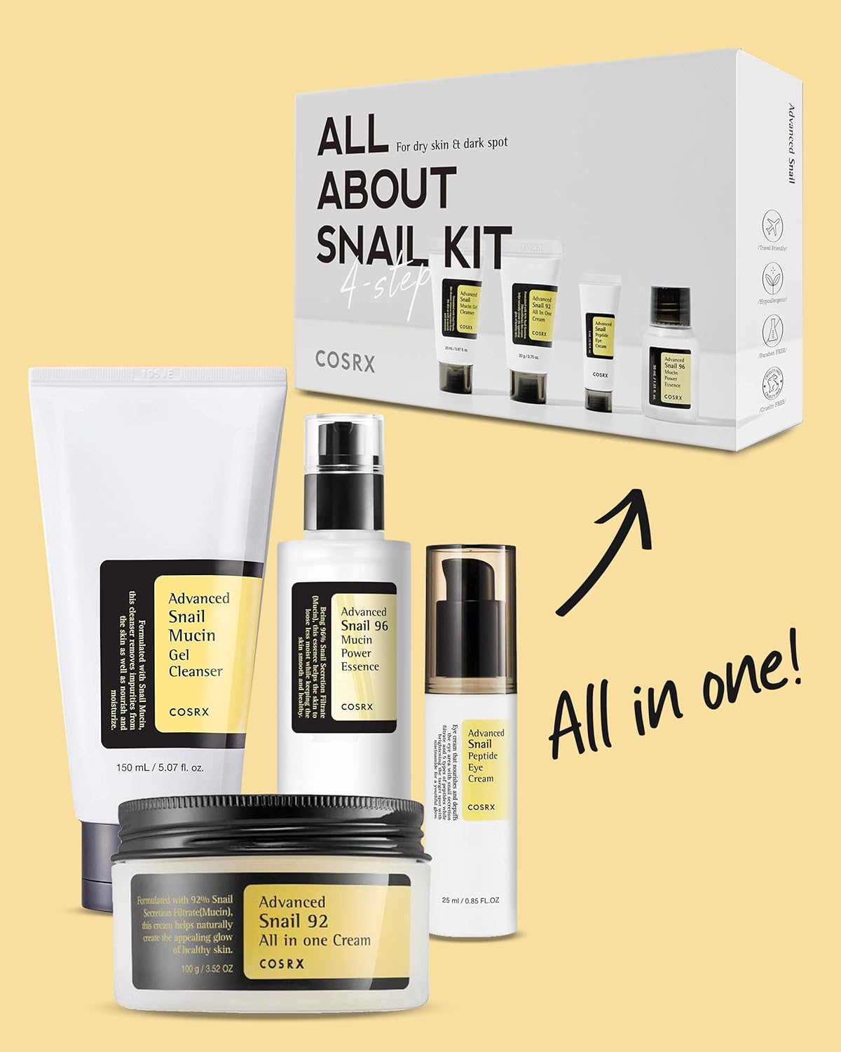 COSRX All About Snail Mucin Korean Skin Care Set, Mini Travel Essentials, Travel Size Gift Set with Snail Mucin Face Wash, Serum, Moisturizer & Eye Cream, Rejuvenating Kit